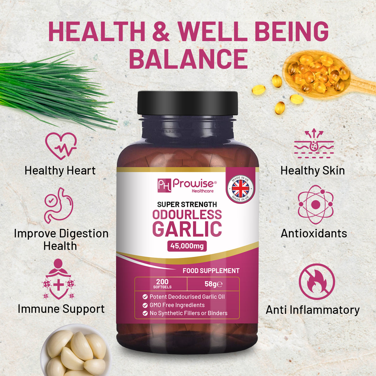 Prowise Premium Odourless Garlic Capsules – High Strength 45,000mg, 200 Softgels, High-Potency Garlic Oil