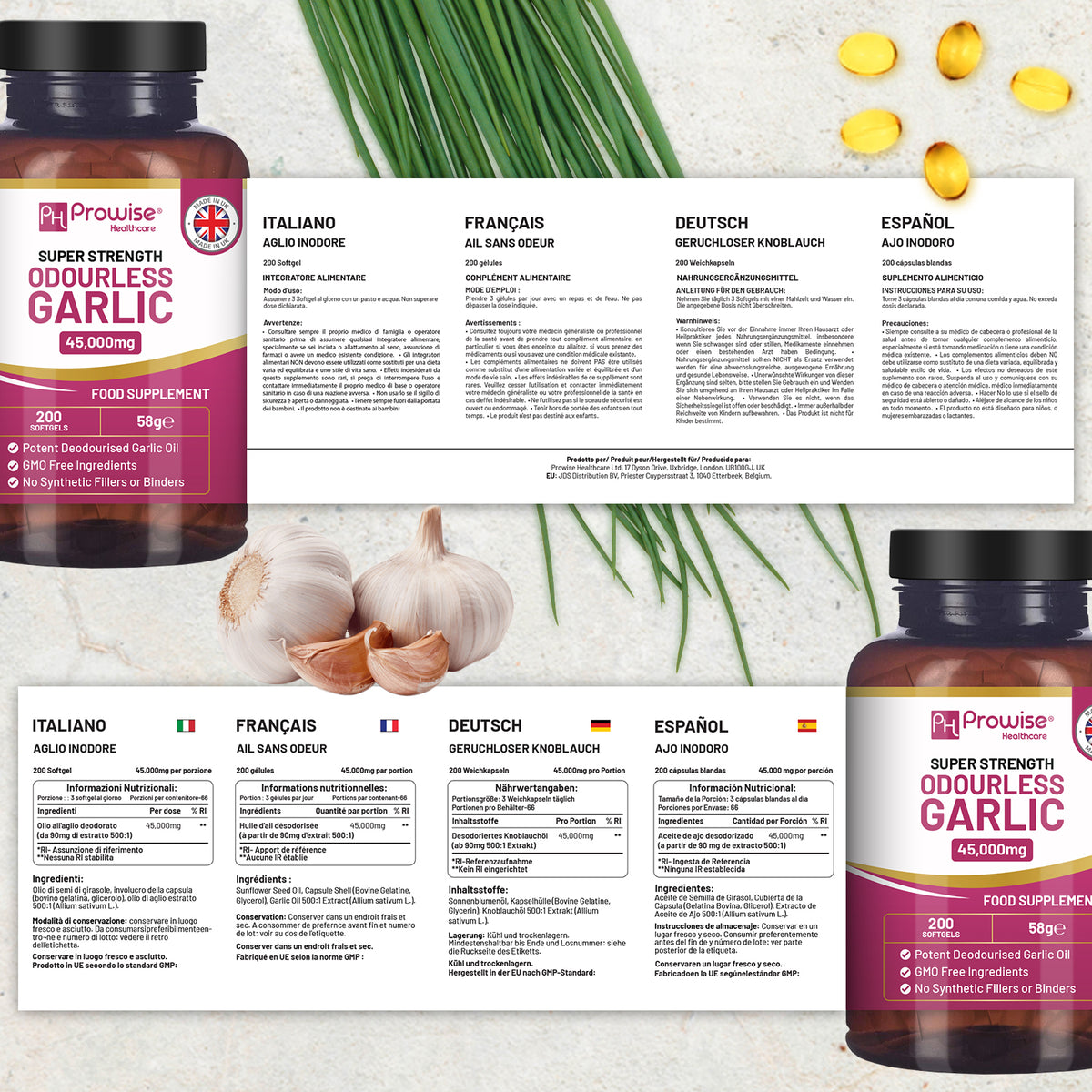 Prowise Premium Odourless Garlic Capsules – High Strength 45,000mg, 200 Softgels, High-Potency Garlic Oil