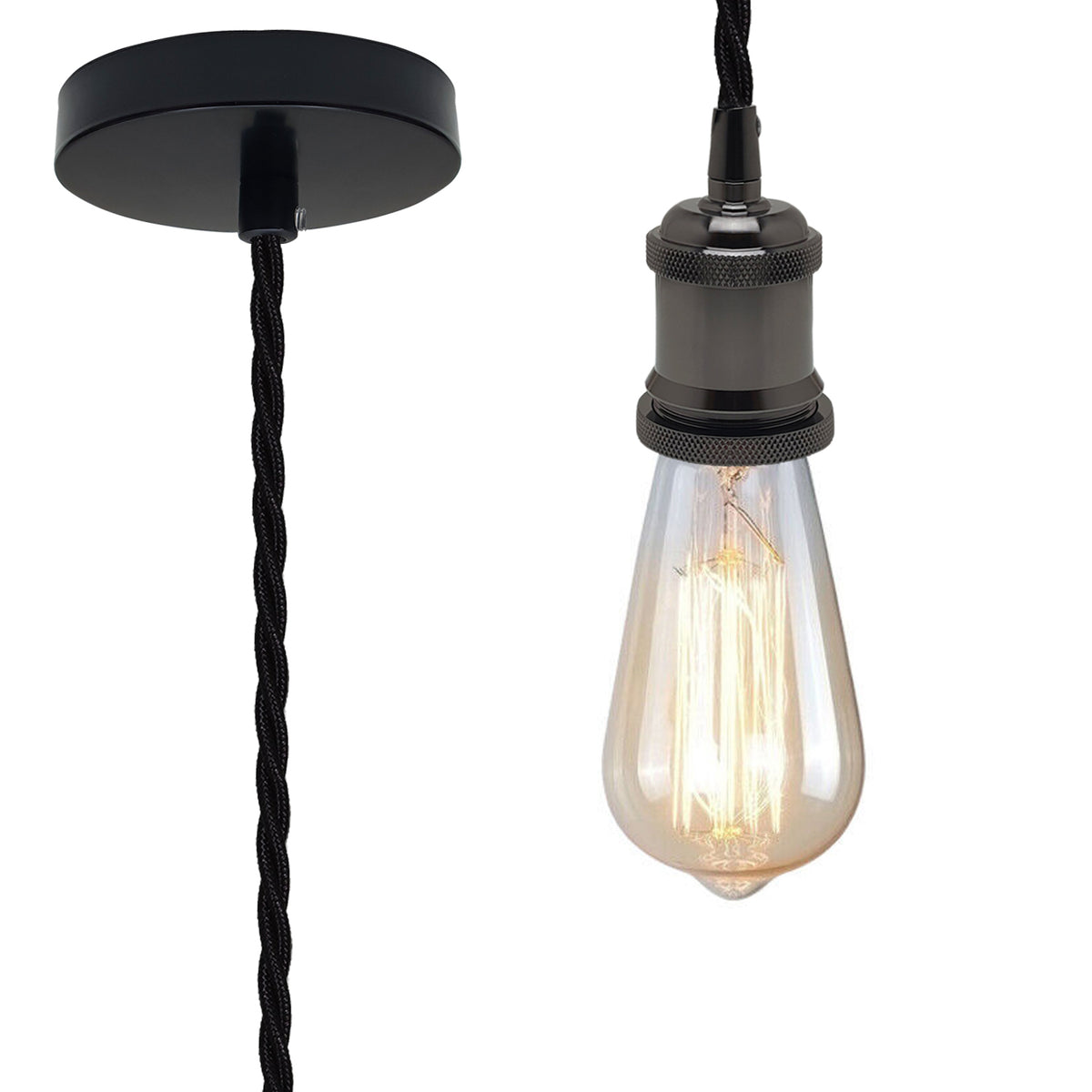 2m Black Twisted Cable Pendant Light Kit with E27 Shiny Black Holder – Vintage Single Drop Lamp Holder