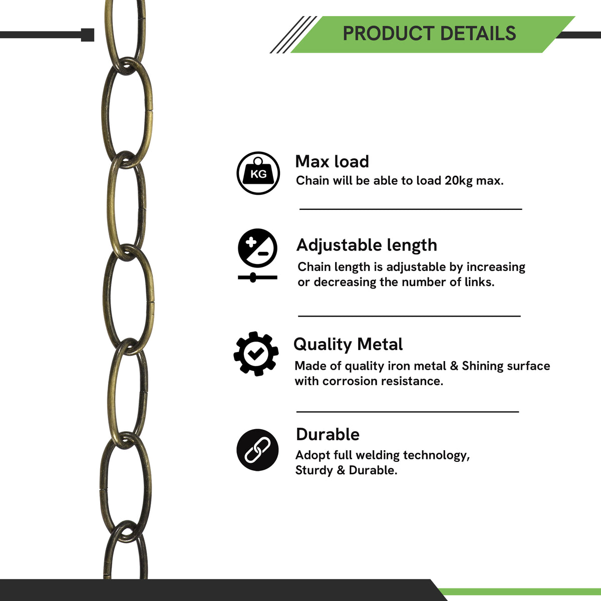 LEDSON Light Chain for Ceiling Pendant Lights & Chandeliers, 32mm x 17mm Openable Links – Sold per Metre