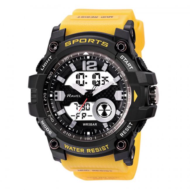 Ravel Ana-Digi Dual Time Sports Watch, 5ATM Water Resistant, Yellow PU Strap – RDT.2F
