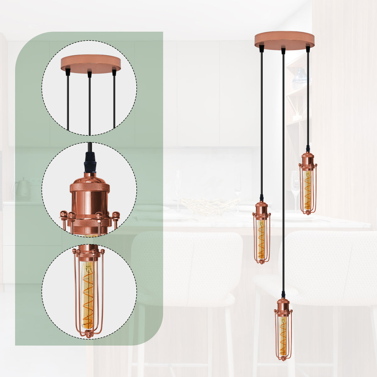 LEDSONE 3-Head Round Base Pendant Light with Rose Gold Wire Cages – Kitchen Island & Dining Room
