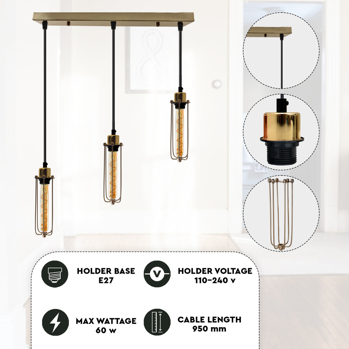 LEDSONE 3-Head Rectangular Pendant Light with Wire Cages, E27 – Industrial Vintage Hanging Lamp for Kitchen Islands