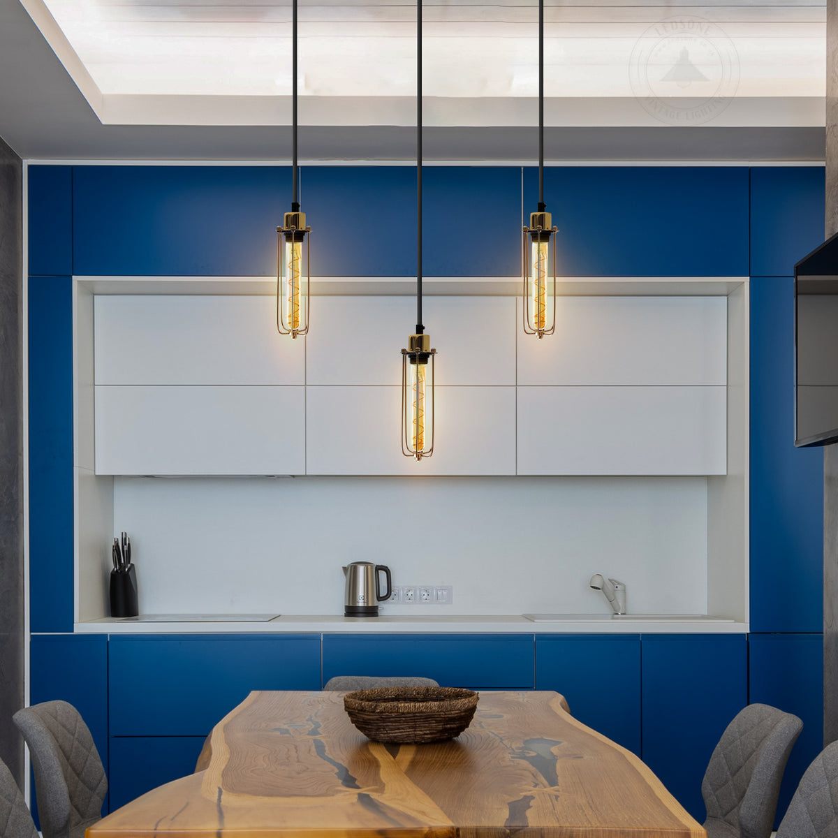 LEDSONE 3-Head Rectangular Pendant Light with Wire Cages, E27 – Industrial Vintage Hanging Lamp for Kitchen Islands