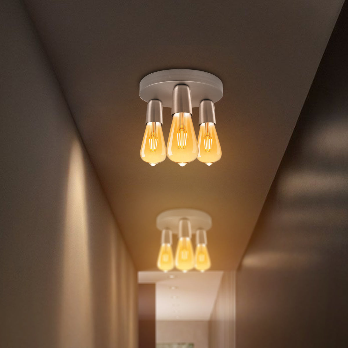 LEDSONE Satin Nickel Vintage 3-Way Semi Flush Ceiling Light with E27 Lamp Holders – Hallway, Bedroom & Kitchen