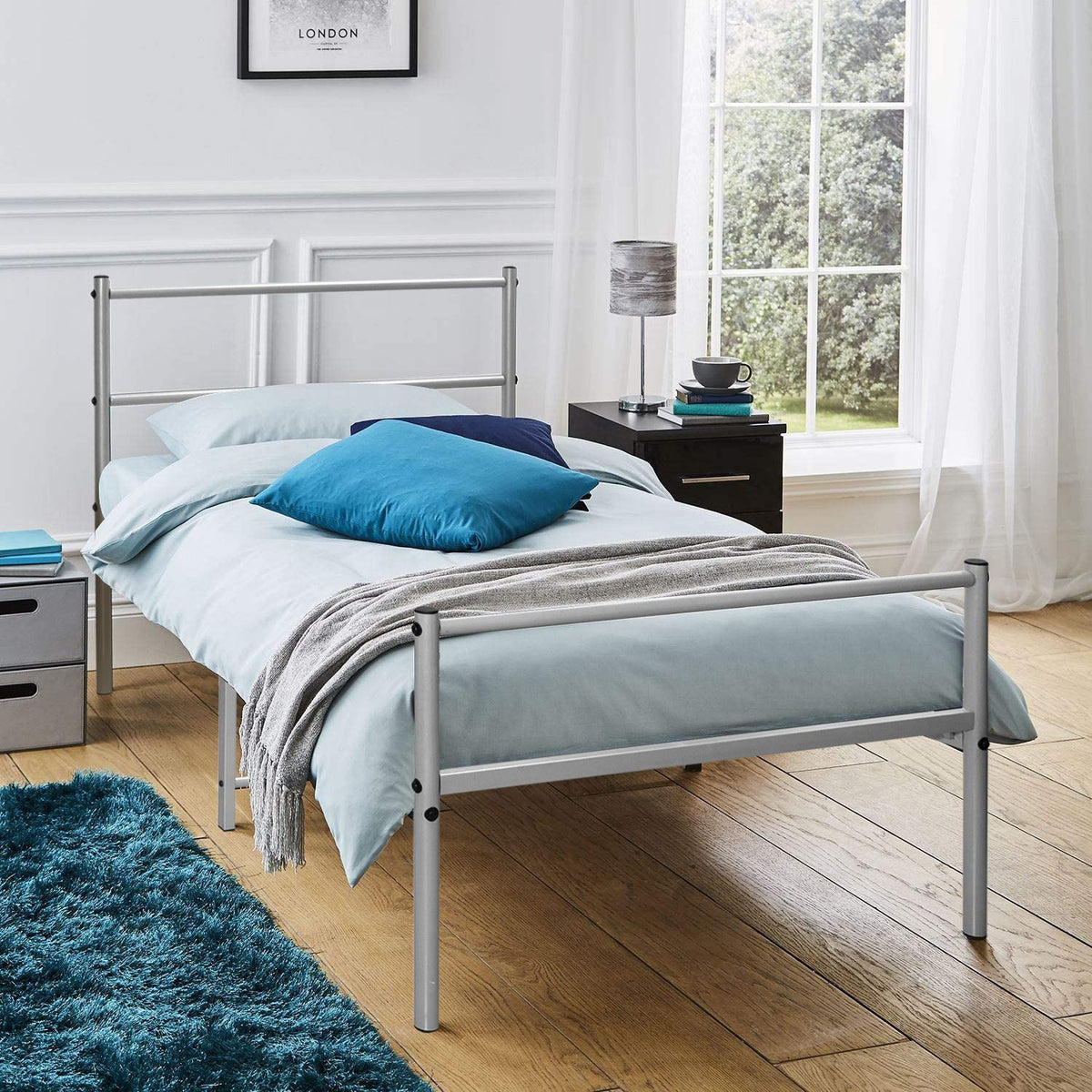 Extra strong silver metal single bed frame