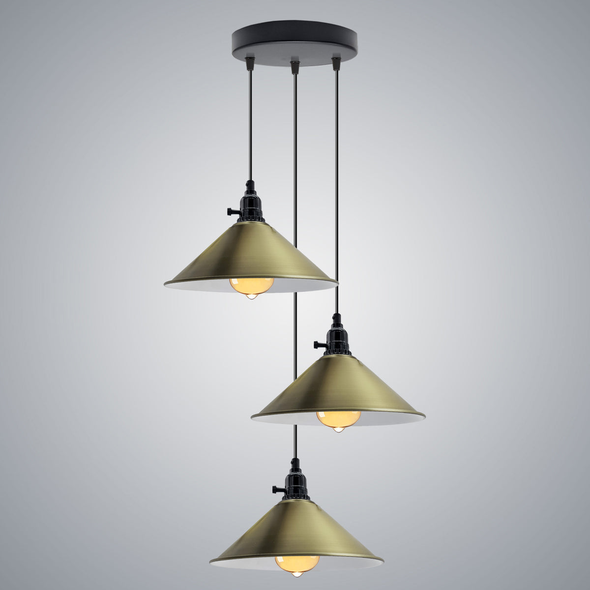 LEDSONE Industrial 3 Head Cluster Pendant Light with 22cm Metal Cone Shades & Adjustable Cords – Vintage Style