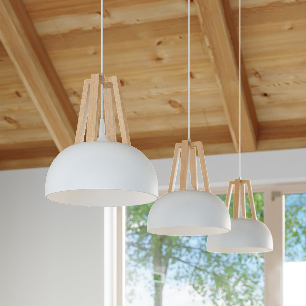 Sollux Lighting Casco Steel and Wood Pendant Lamp with E27 Fitting – Ceiling Light, White & Natural Wood