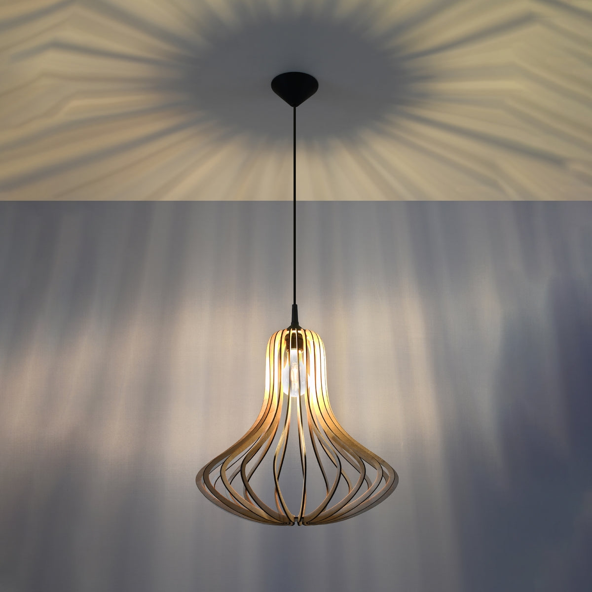 Sollux Elza Pendant Light with E27 Bulb Fitting – Scandinavian Wood Lamp, Natural Wood