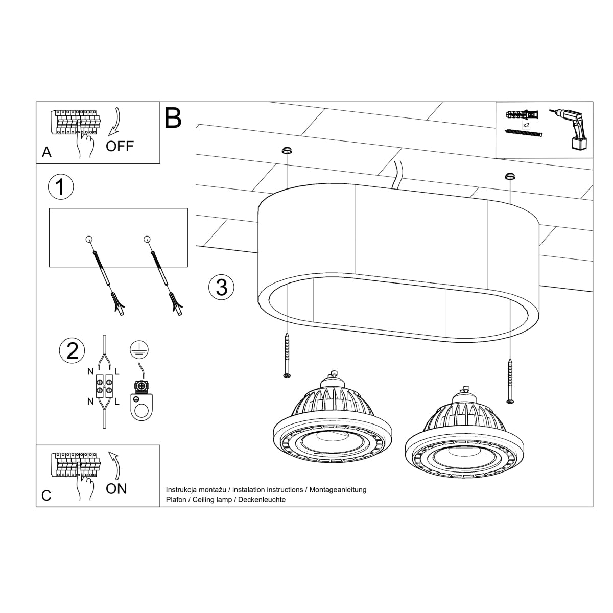 Sollux Basic Ceiling Lamp with 2 GU10 Lights, Concrete – Industrial Design Spotlight, Grey