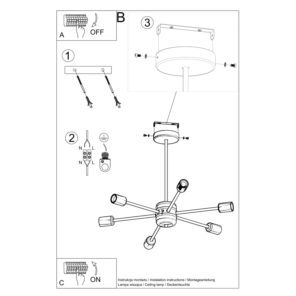 Sollux Lighting Lango Steel Chandelier with 6 E27 Lights – Modern Design Ceiling Light, Black