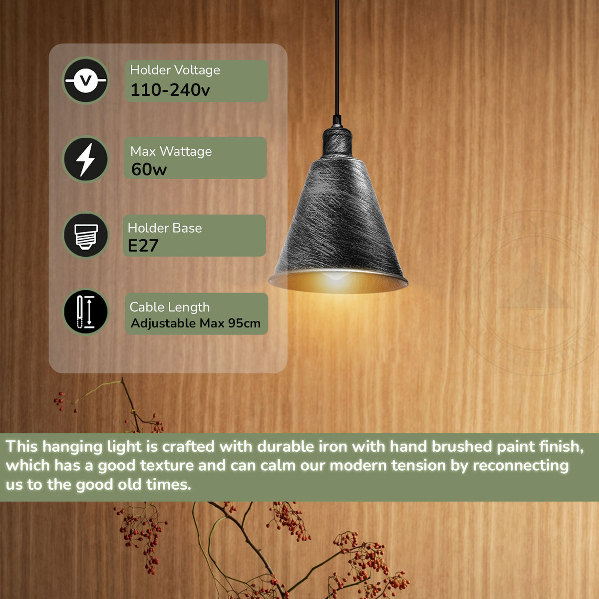 LEDSONE Modern Hanging Cone Pendant Light with E27 Base – Brushed Silver Metal Lampshade Ceiling Fixture