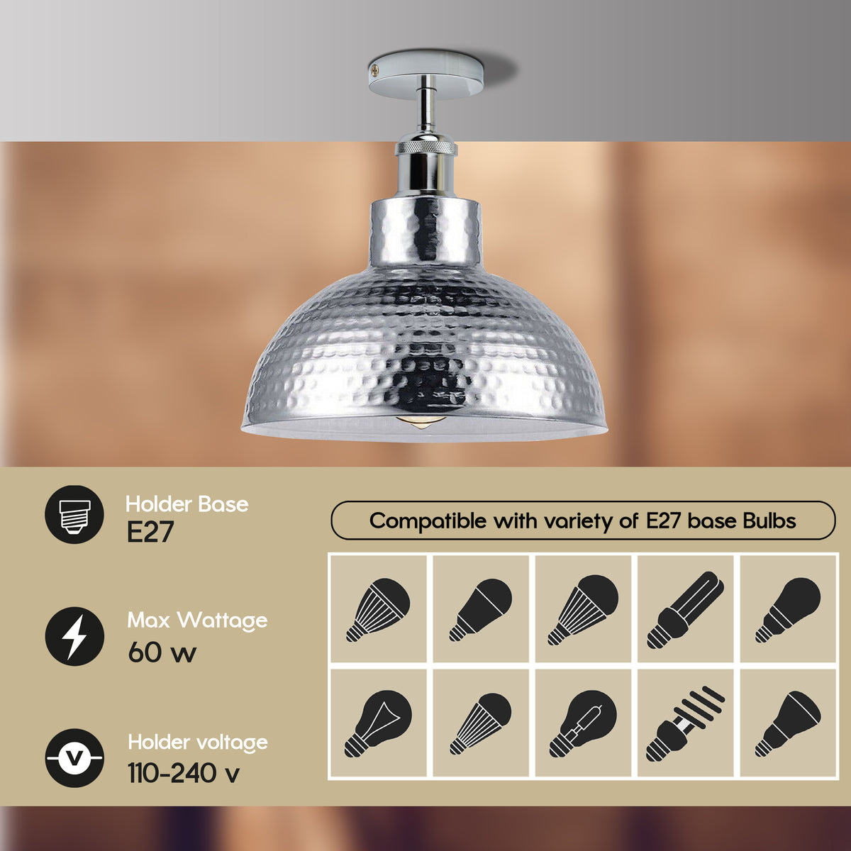 LEDSONE Vintage Industrial Flush Mount Ceiling Light in Chrome Metal, E27 – Hallway, Bedroom & Kitchen Lighting