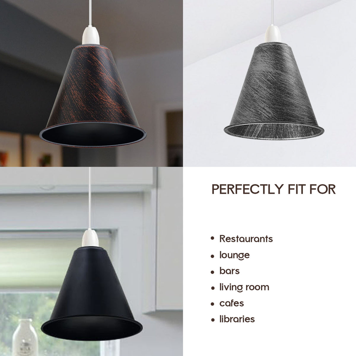 LEDSONE 3 Pack Vintage Brushed Silver Cone Lampshades, 18cm – Retro Industrial Metal Pendant Shades