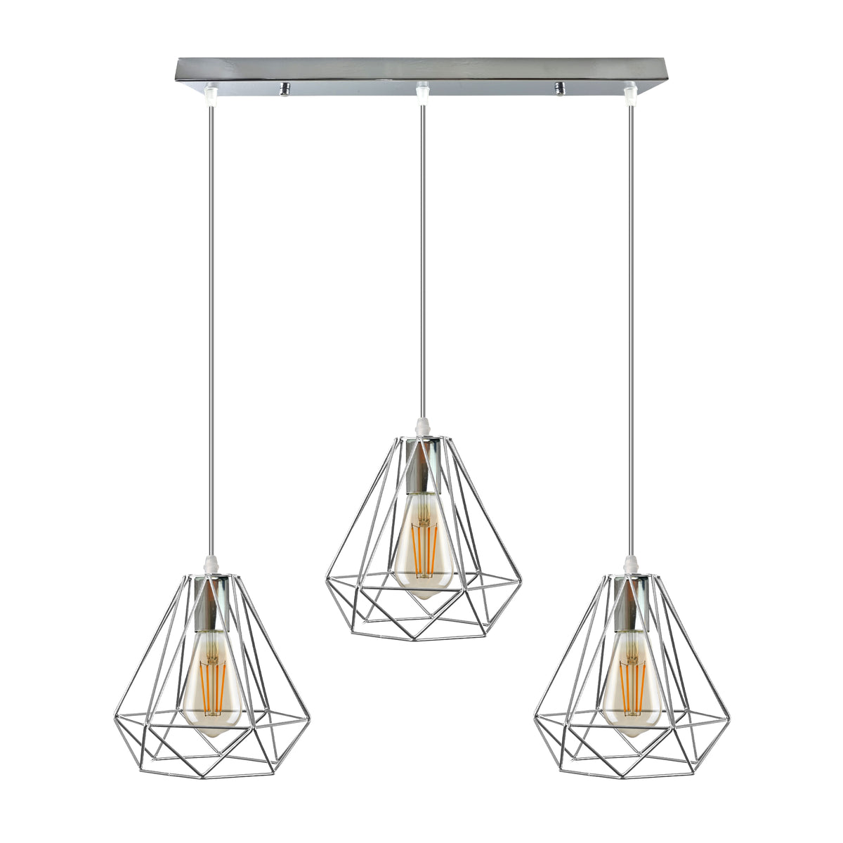 LEDSONE 3-Head Ceiling Pendant with 20cm Chrome Diamond Wire Cages – Vintage Industrial Rectangular Base