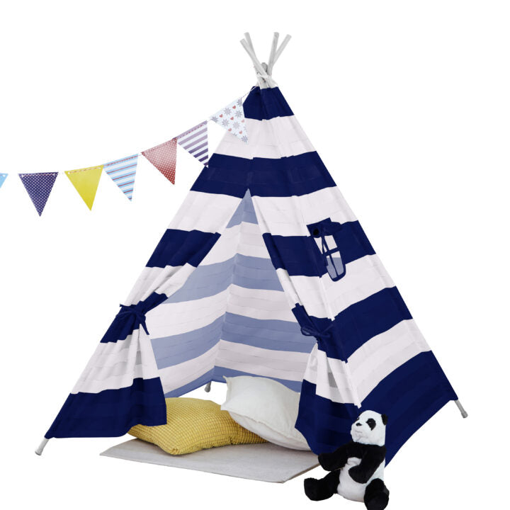 Neo Kids Canvas Teepee Play Tent with Bunting – Navy and White Stripe