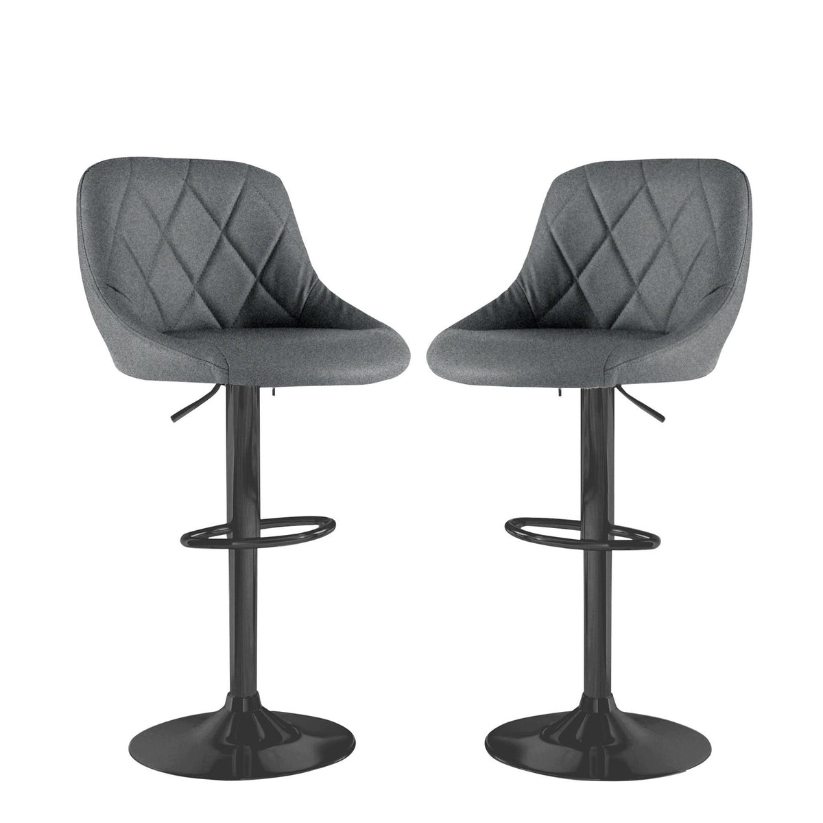 Neo Madrid Set of 2 Swivel Fabric Bar Stools – Gas Lift, Quilted Seat, Dark Grey