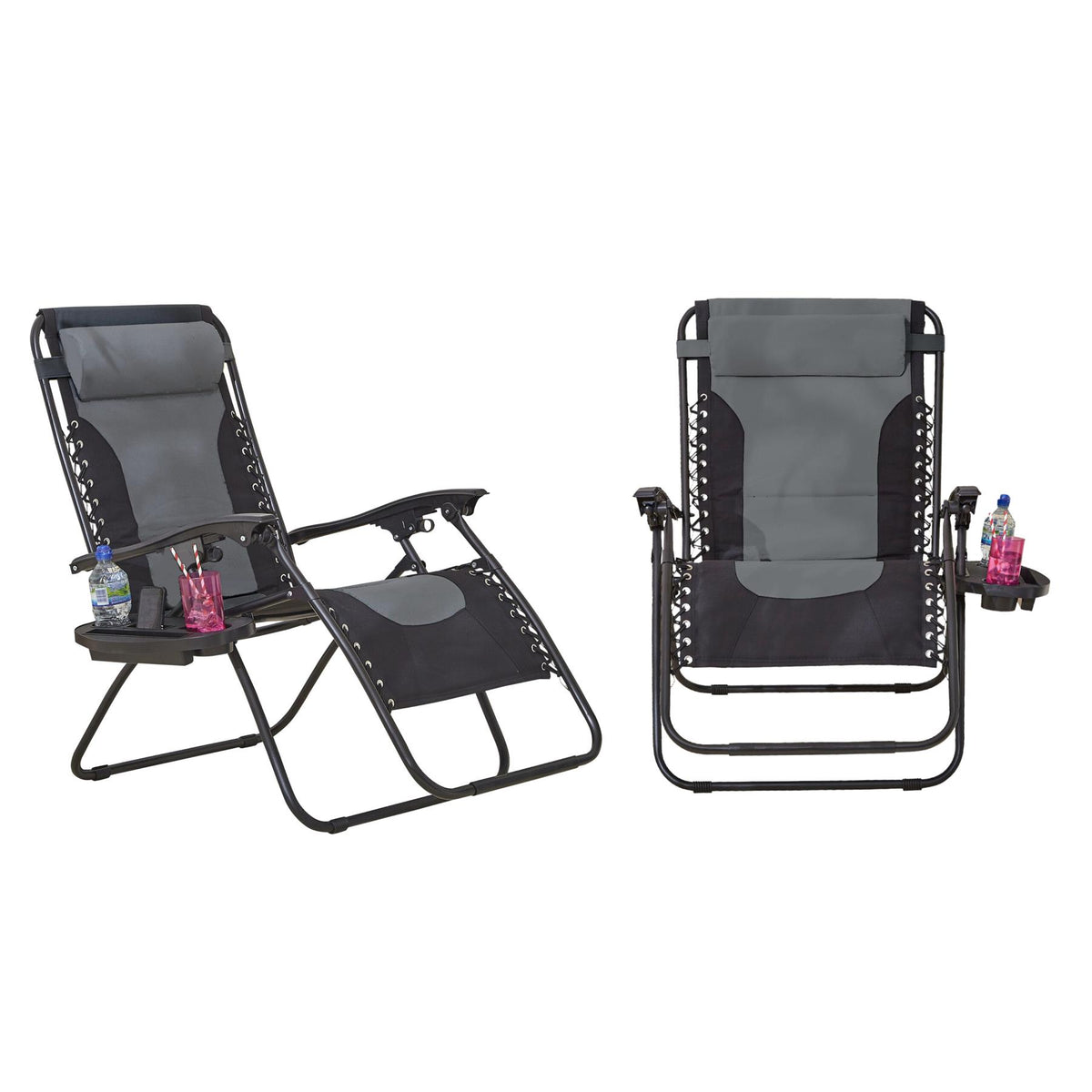 Neo Grey XL Zero Gravity Sun Loungers, Set of 2 with Detachable Tray & Headrest Pillow – Garden Recliners