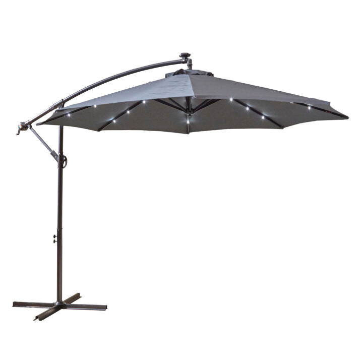 Neo 3m Grey Cantilever Parasol with Solar LED Lights, Crank Handle and Cross Base – Garden Umbrella