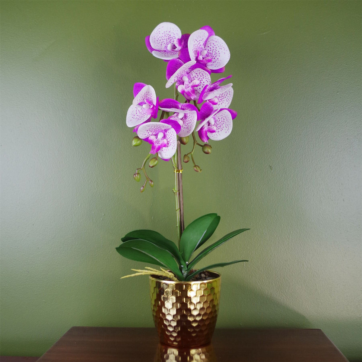 Leaf 50cm Artificial Phalaenopsis Orchid with Real Touch Flowers – Purple and White, Gold Pot