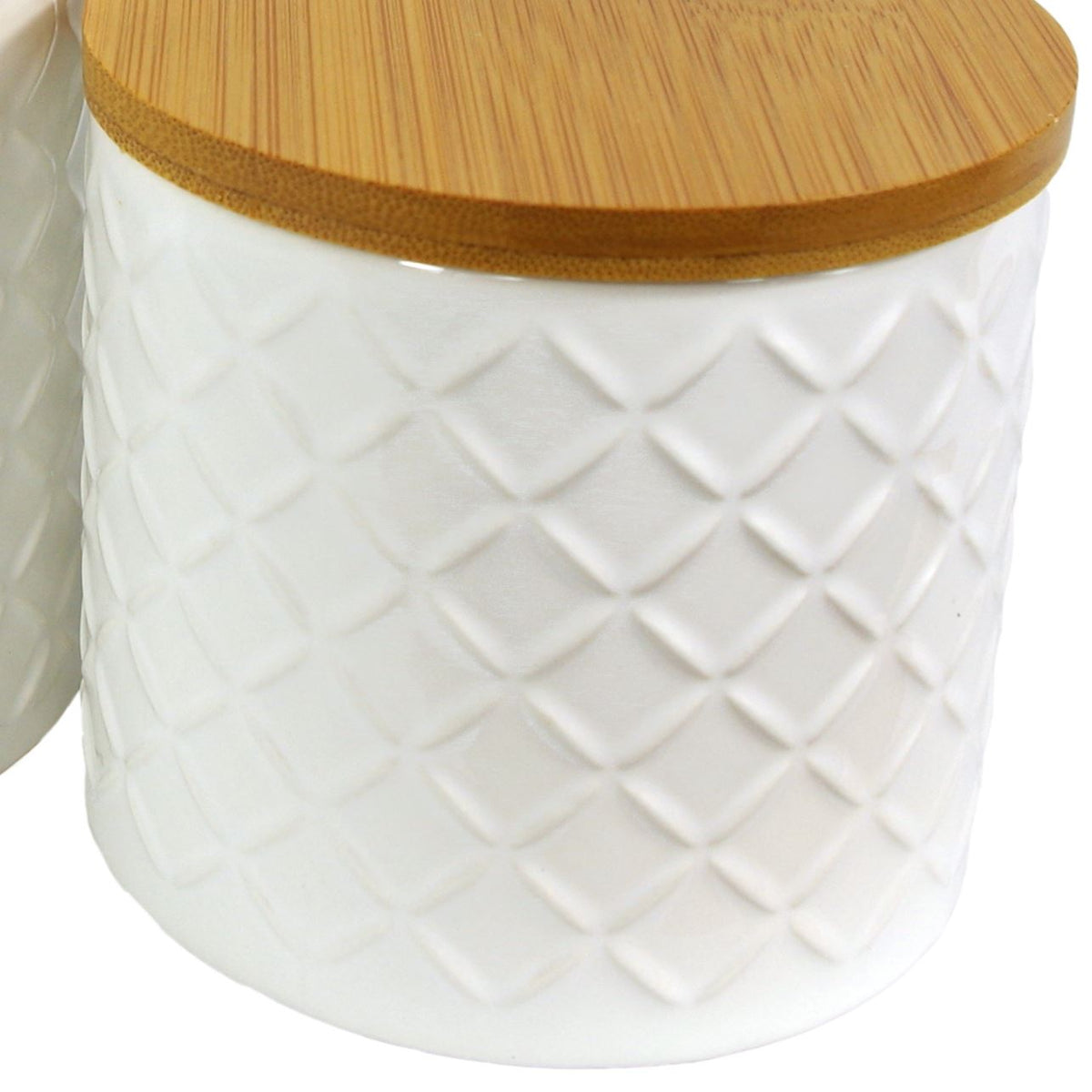Leaf Design UK Set of 2 Embossed Ceramic Kitchen Canisters with Bamboo Lids – Tea, Coffee & Sugar Storage, Cream