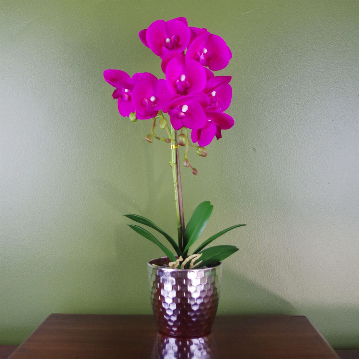 Leaf Design 50cm Artificial Phalaenopsis Orchid – Dark Pink Flowers in Silver Honeycomb Pot