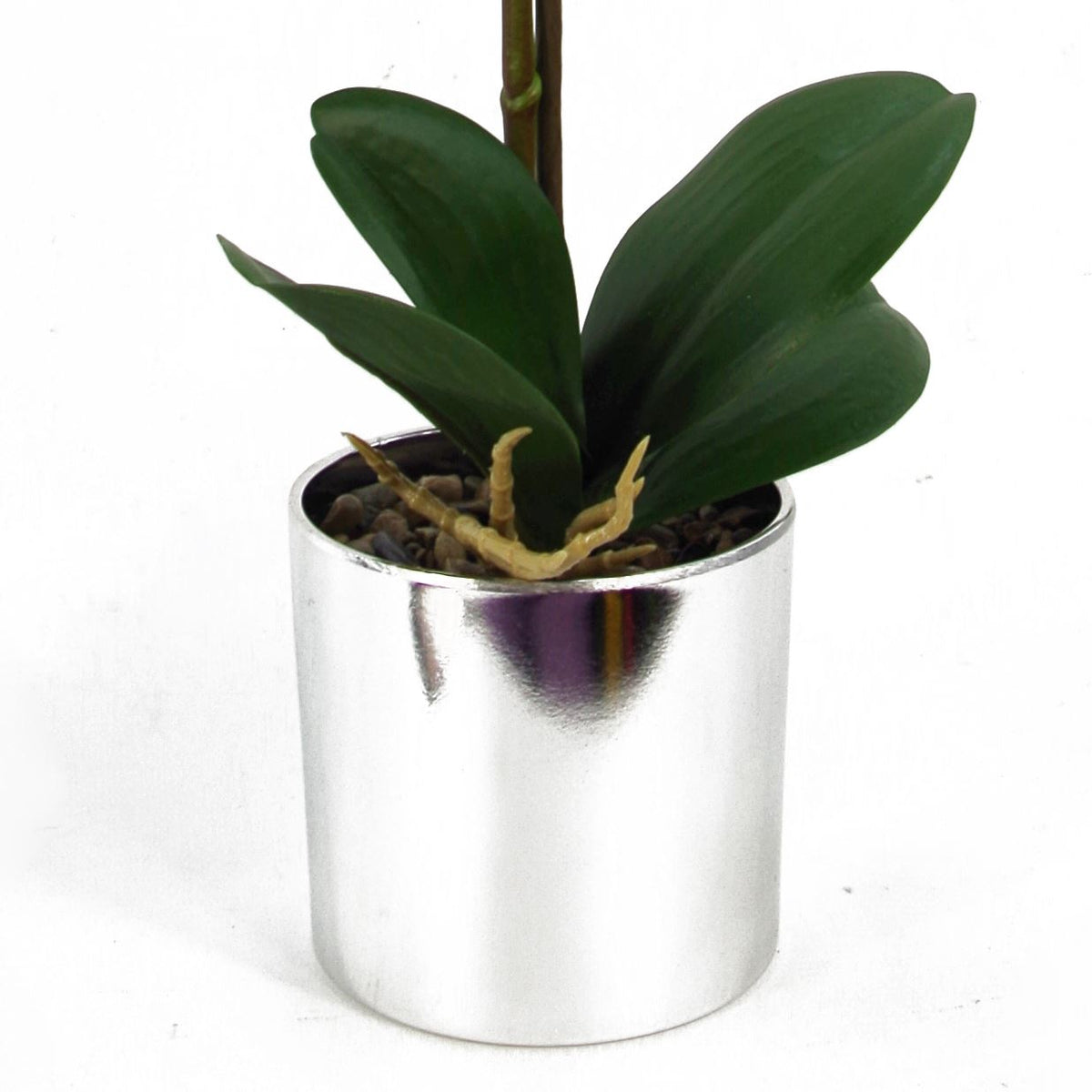 Leaf Design 46cm Artificial Orchid – Red Real Touch Flowers in Decorative Silver Pot