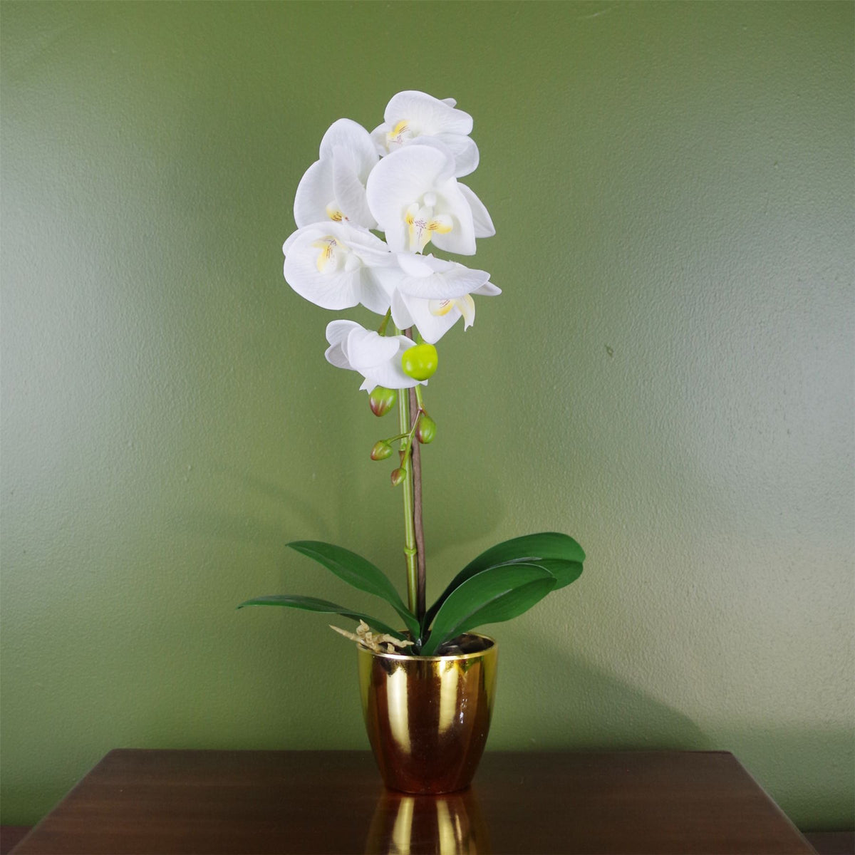 Leaf Design 46cm Artificial Orchid – White Real Touch Flowers in Gold Pot