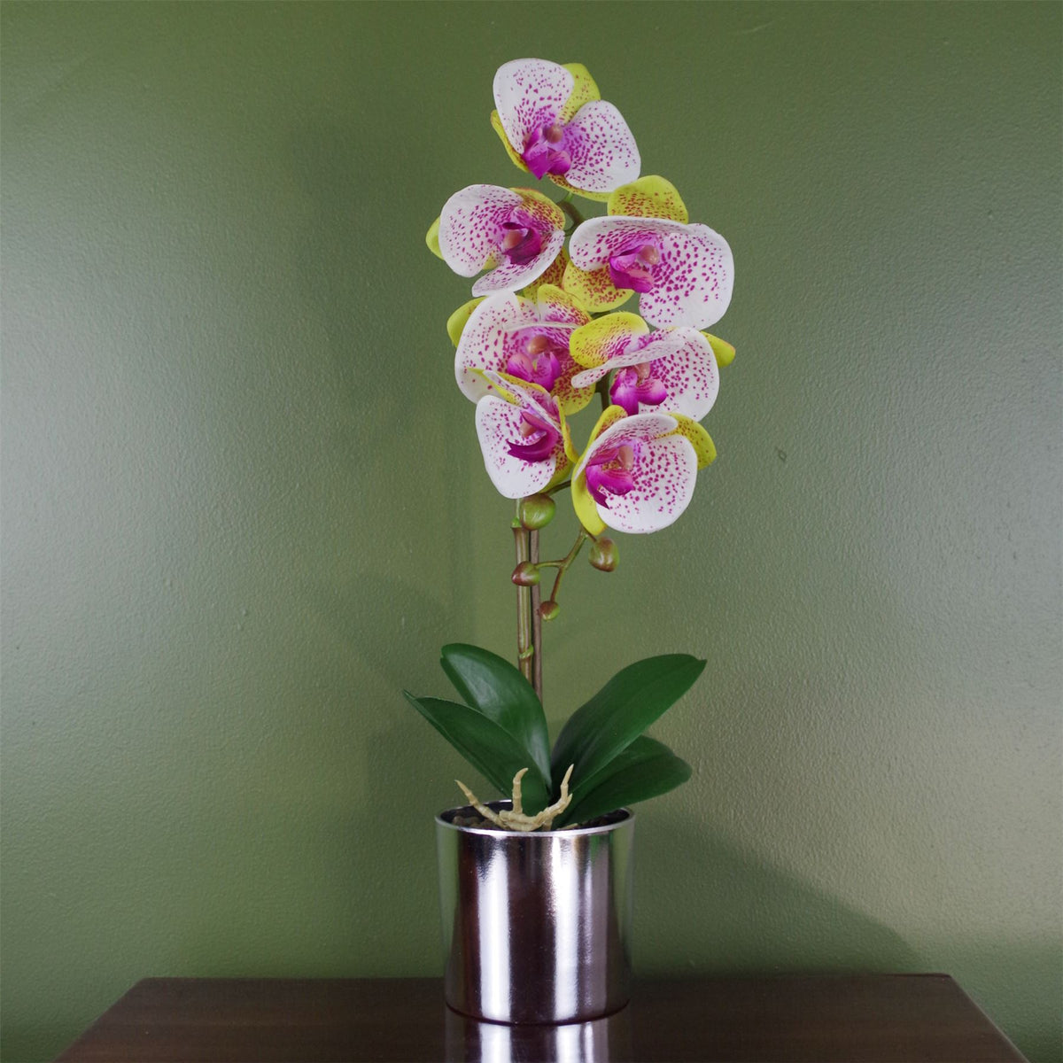 Leaf Design 46cm Artificial Orchid – Harlequin Pink Real Touch Flowers in Silver Pot