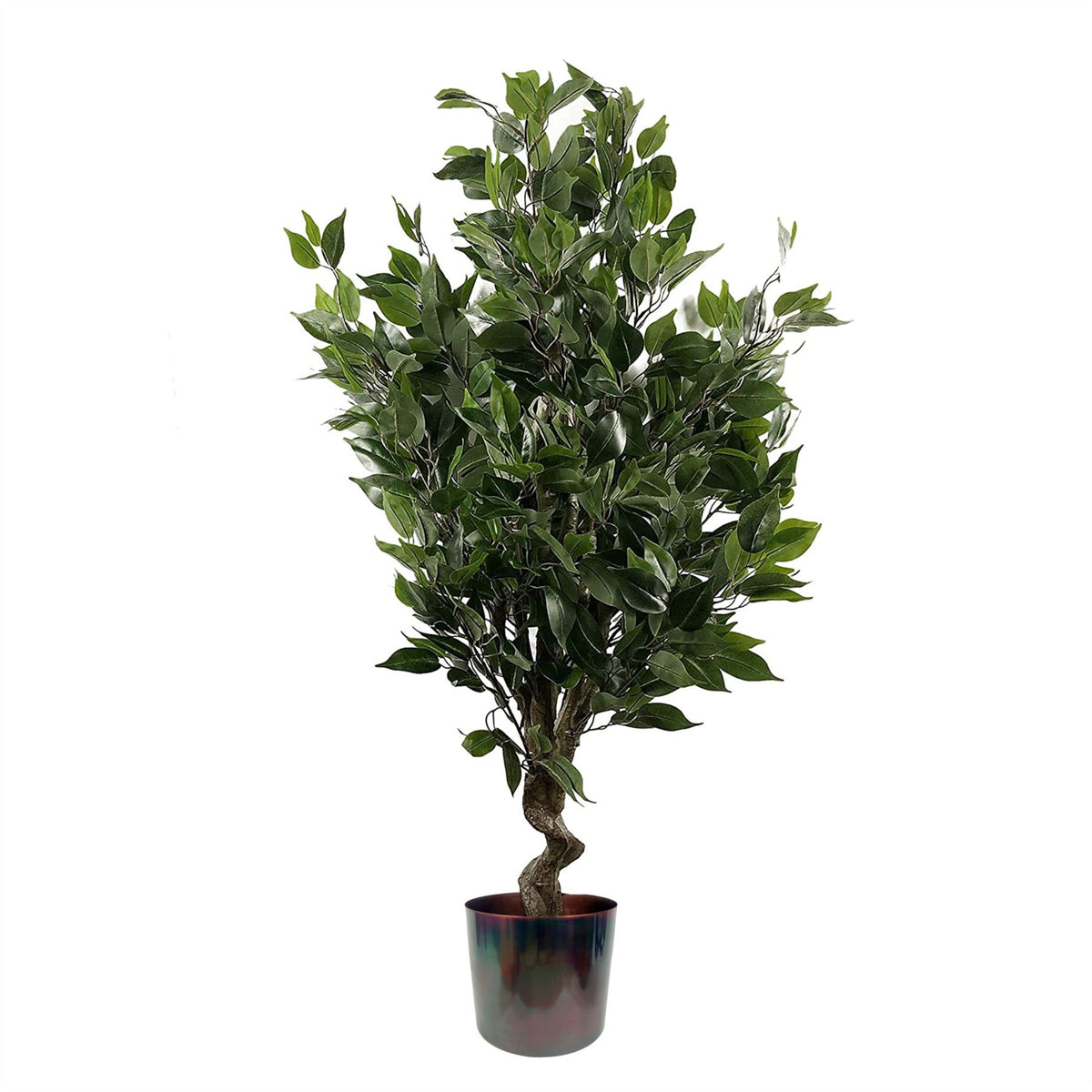 Leaf 110cm Artificial Evergreen Twist Ficus Tree with Multicolour Metal Planter – Wired Stems, Home & Office