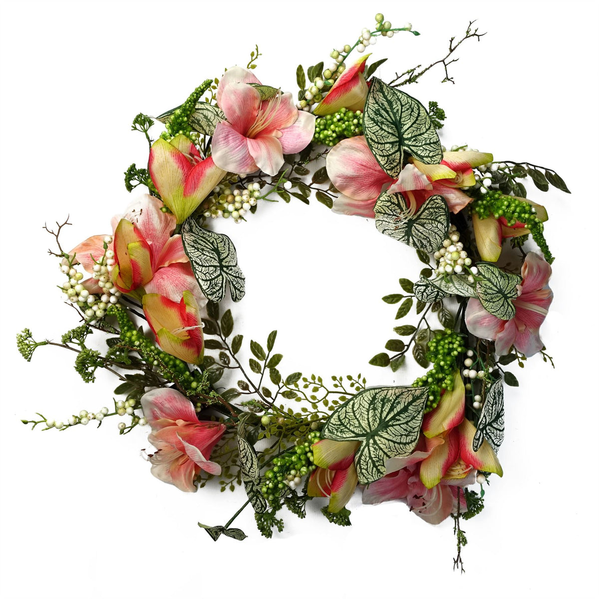 Leaf Luxury Artificial Pink Lily Wreath – 60cm Floristry Door Wreath with Woven Base