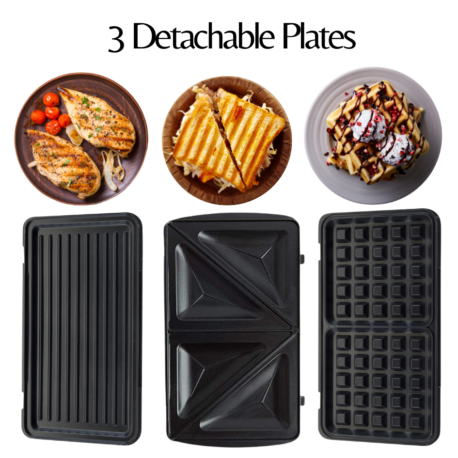 Domestic King 750W 3-in-1 Snack Maker with Interchangeable Non-Stick Plates – Toasties & Waffles (DK18117)