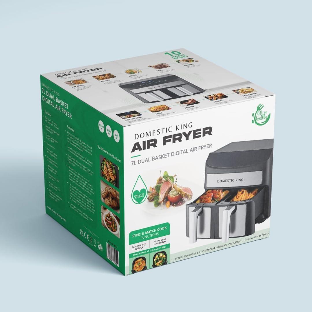 Domestic King 7L Dual Basket Air Fryer, 2400W with Digital Display, Match Cook & Smart Finish – DK18094