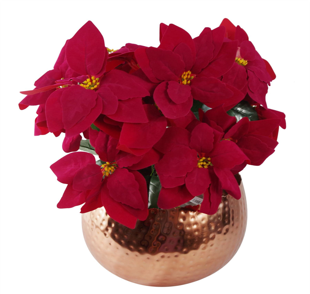 Leaf Artificial Christmas Poinsettias, Set of 3 x 40cm, with Large Copper Curved Metal Planter