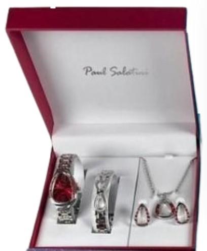 Paul Salatini Ladies Bling Watch Gift Set – Red Dial, Silver Bracelet