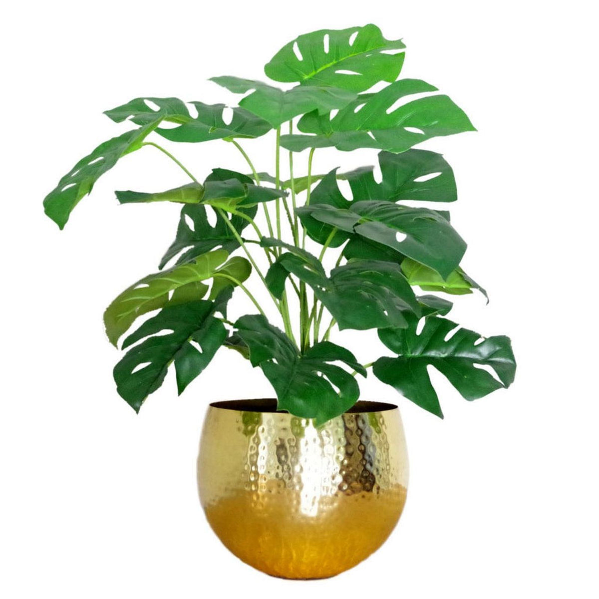 Leaf 60cm Realistic Artificial Monstera Cheese Plant with Brass Finish Metal Planter – Wired Stems, Home Decor
