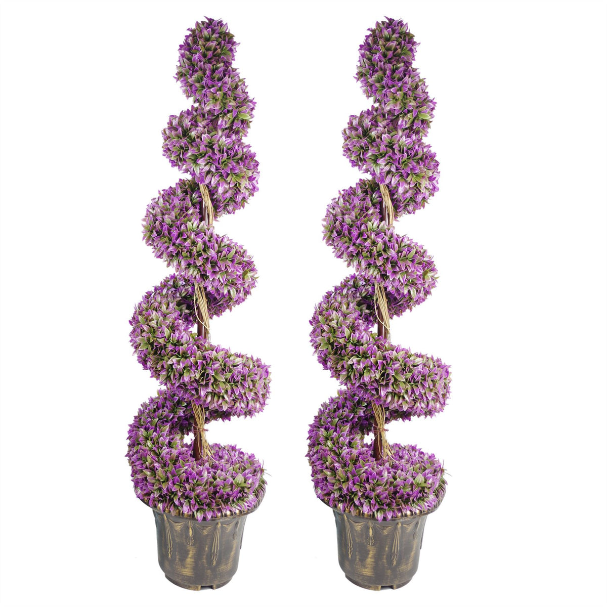 Leaf 120cm Pair of Purple Large Leaf Spiral Topiary Trees with Decorative Planters – Indoor or Outdoor