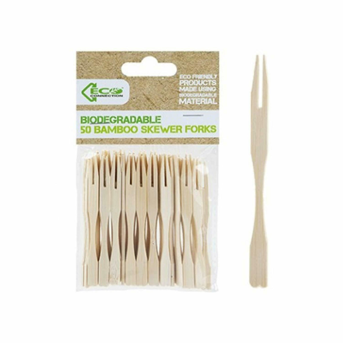 ECO Connection Pack of 50 Disposable Natural Bamboo Skewer Forks – Double Prong Party & Buffet Food Picks