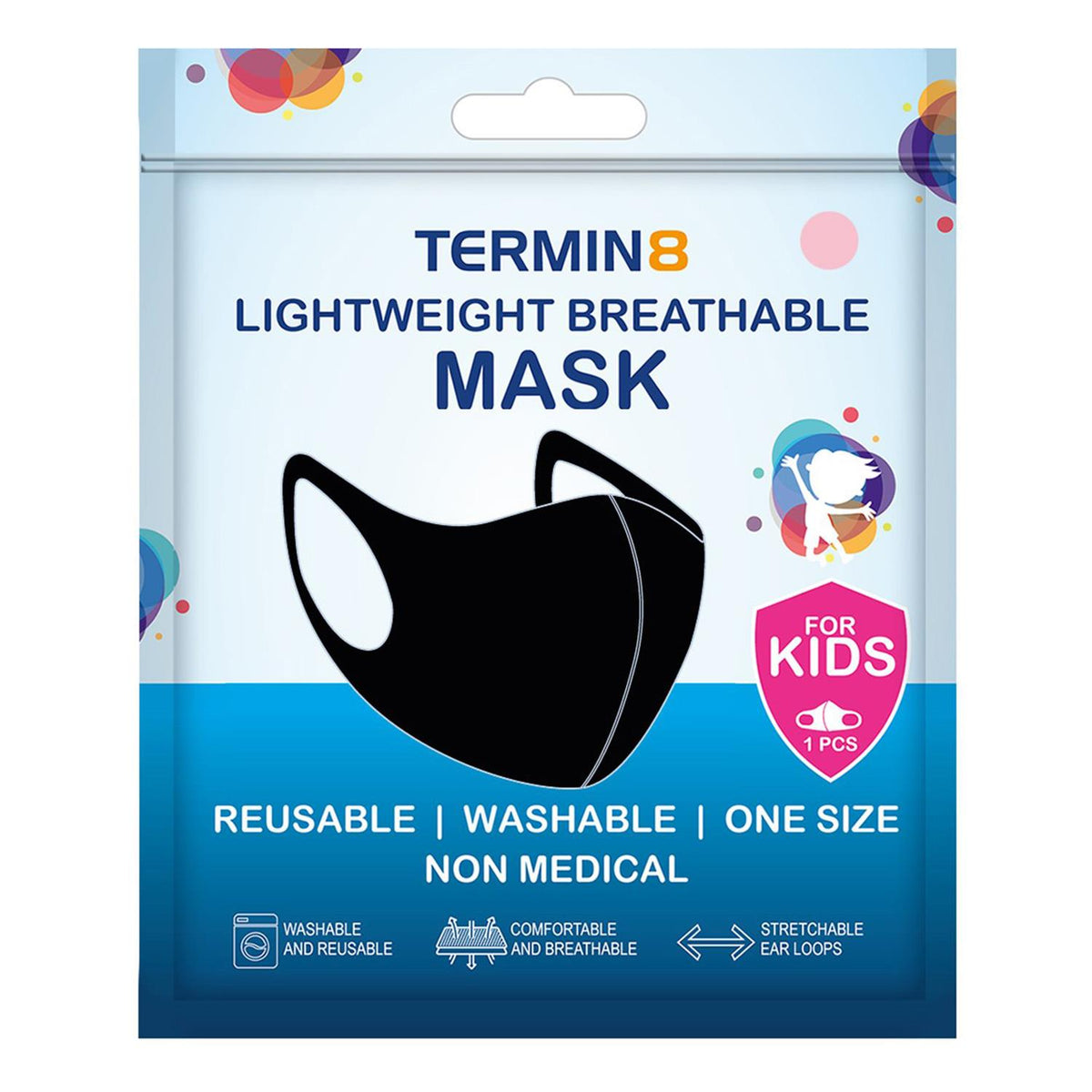 Termin8 Lightweight Breathable Reusable Face Mask for Kids – Double Layer, Polyester and Spandex, Black