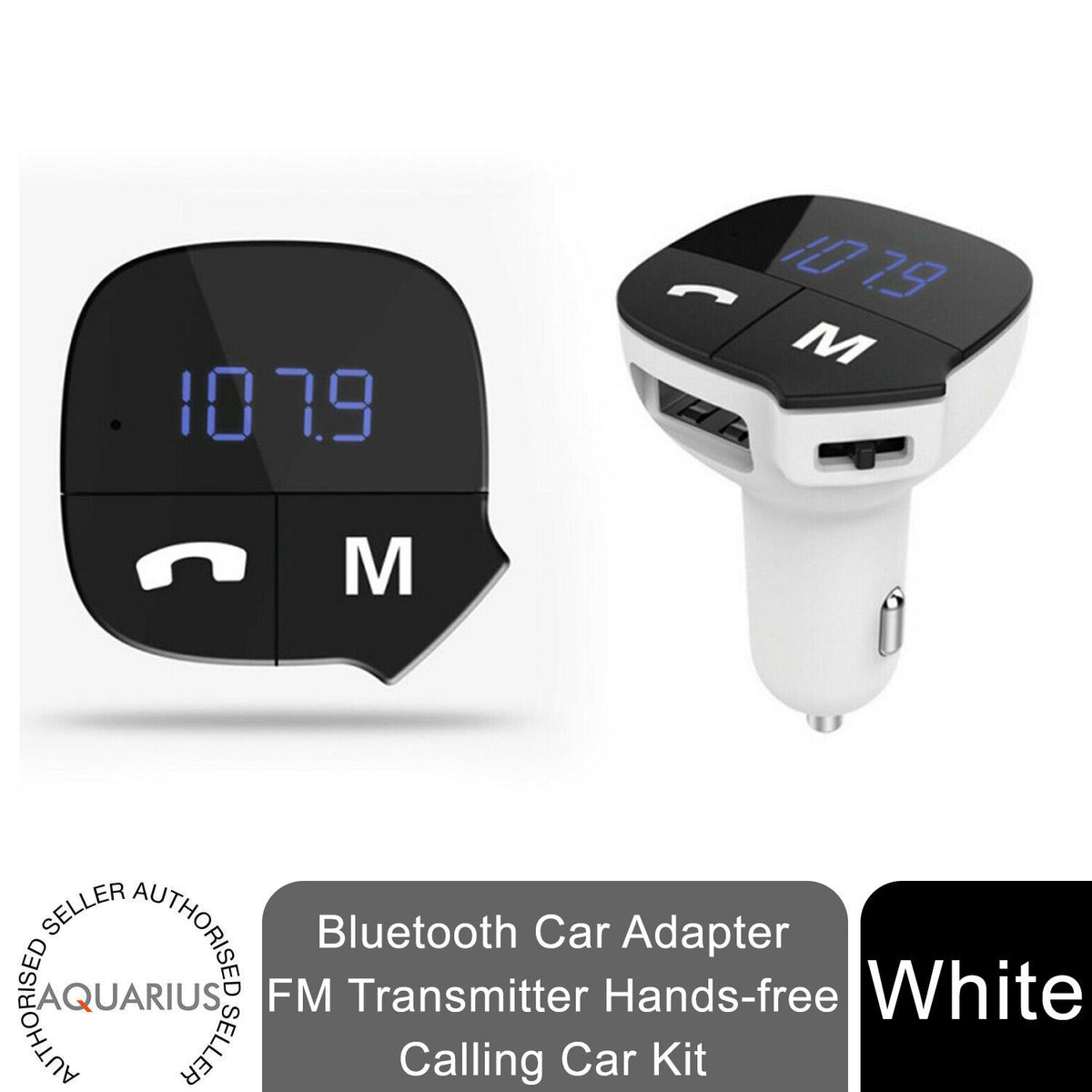 Aquarius Bluetooth Car Adapter and FM Transmitter with Hands-Free Calling – LED Display, USB Car Kit, White