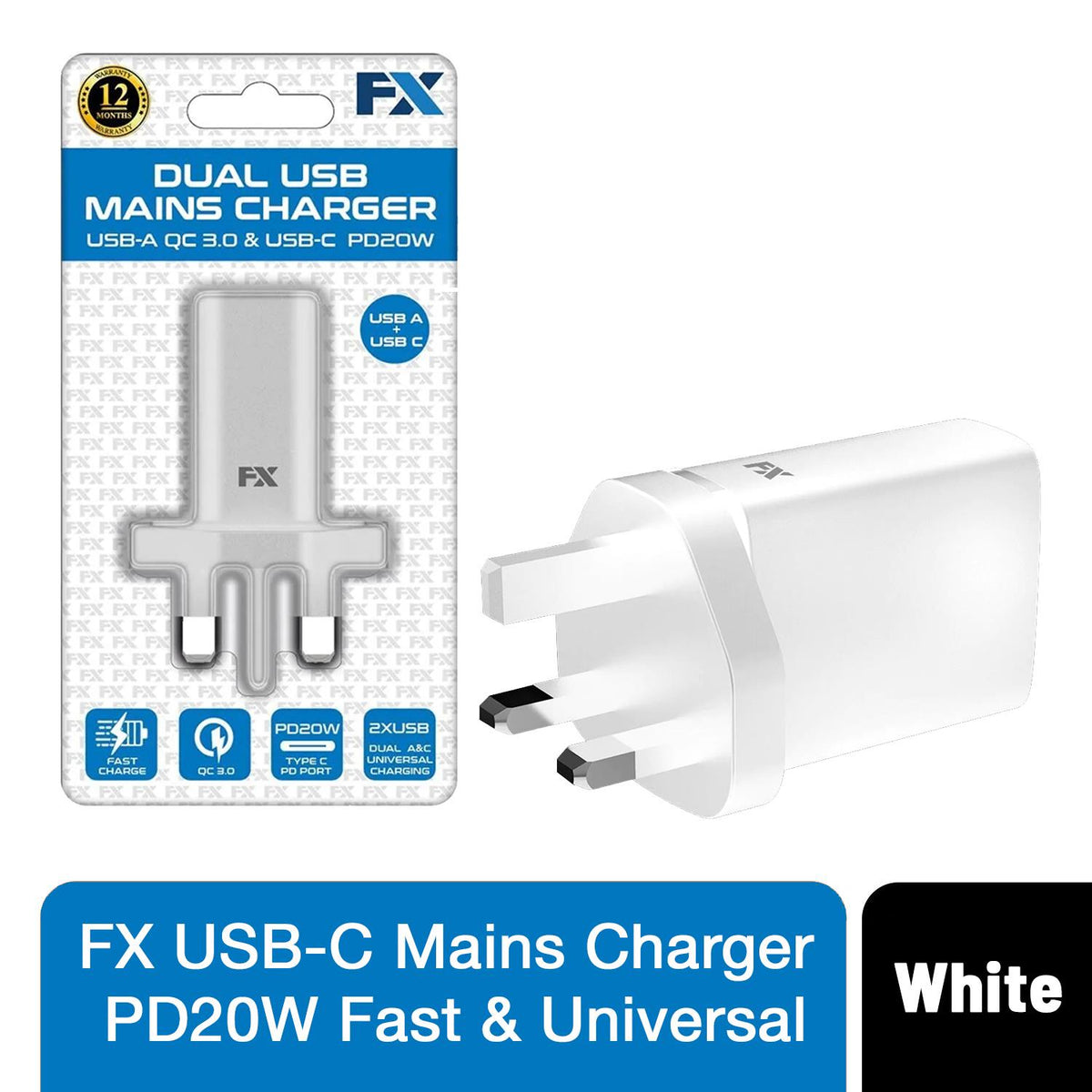 FX USB-C Mains Charger, PD 20W Fast Charging Plug with Universal Compatibility – White