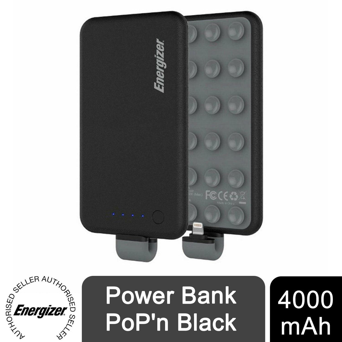 Energizer 4000mAh Slim Power Bank with Built-in Micro USB Tip & Suction Cups – Portable Charger, Black