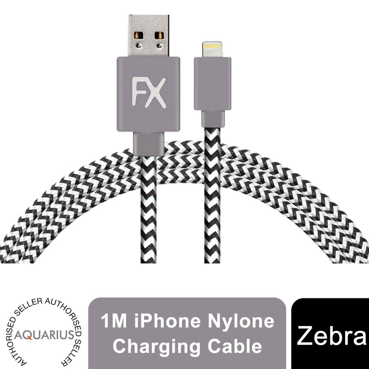 Aquarius Nylon Braided USB Charging & Sync Cable for Phones – 1m Fast Charge Lead, Zebra Design