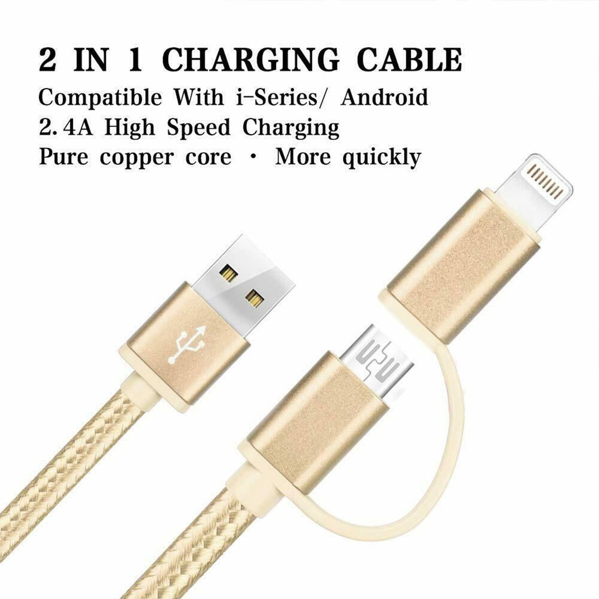 FX Powabud 2-in-1 Nylon Braided USB Cable with Dual Connectors, 1m – Sync & Charge Data Cable, Gold