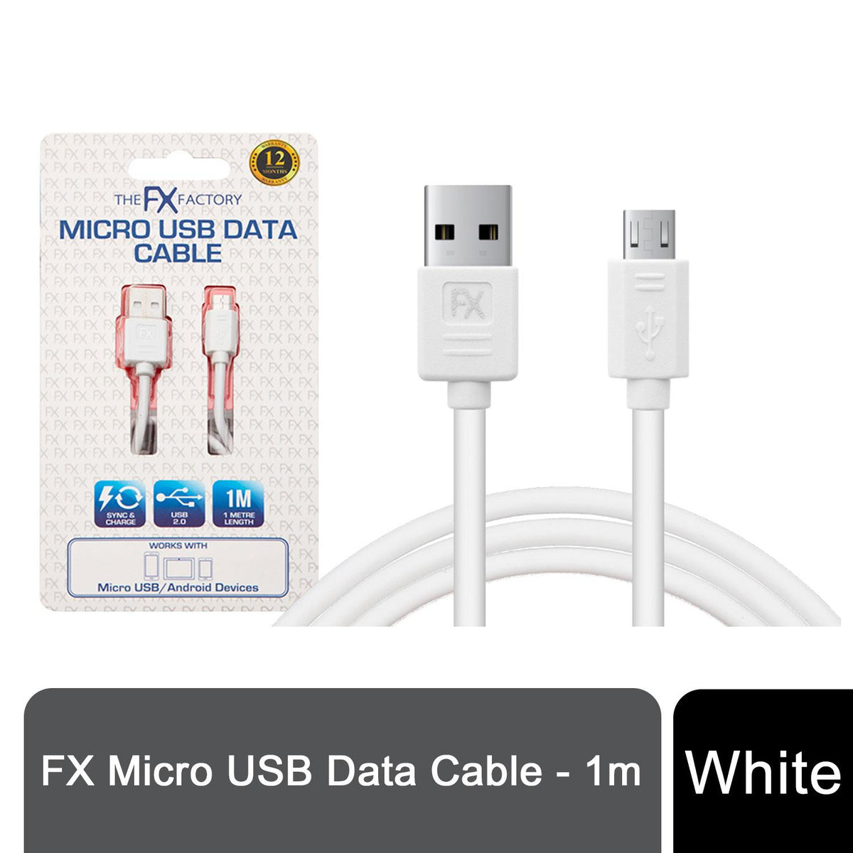 FX Powabud USB Data Cable for Micro USB Devices – Fast Sync & Charge, White