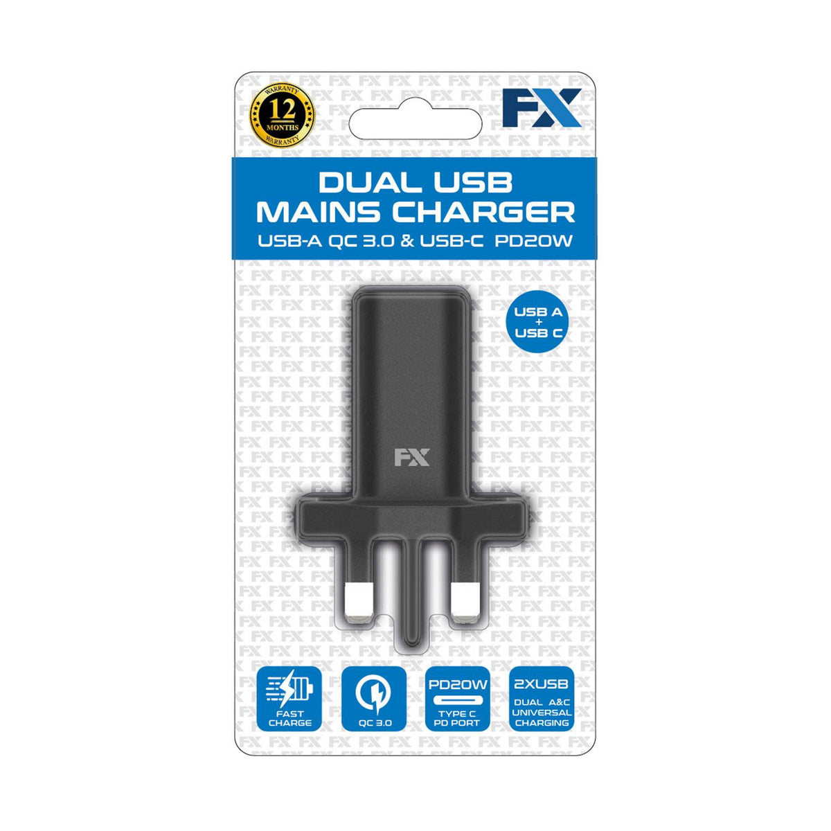 FX Dual UK Mains Charger with USB-C and USB-A Ports – Compact 2-Port Travel Wall Plug, White