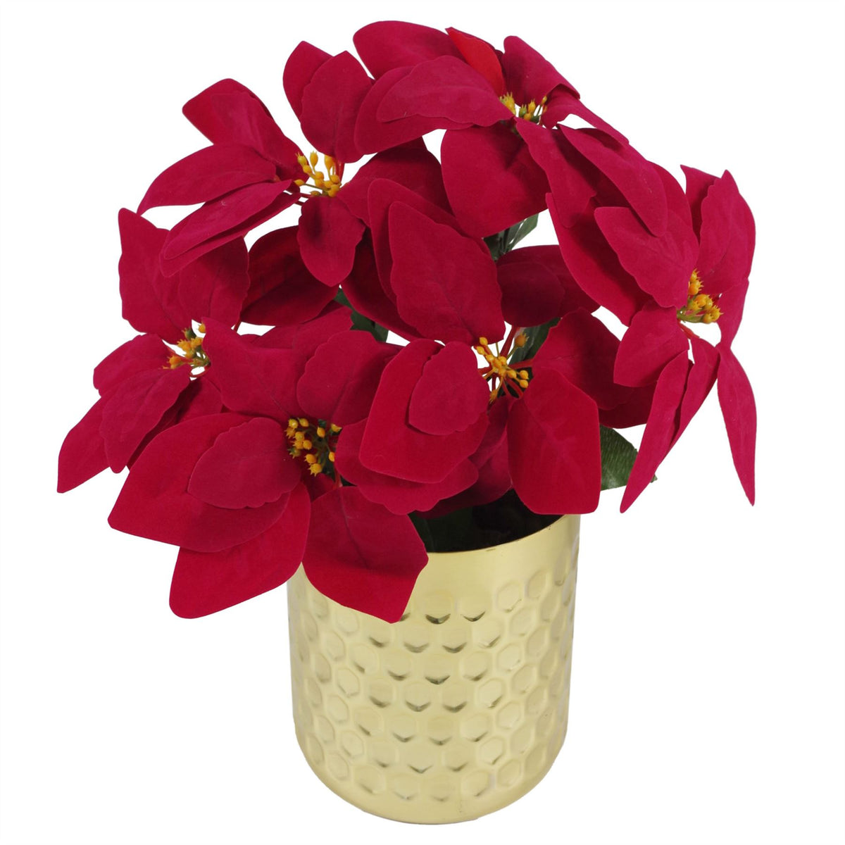 Artificial Red Poinsettia 40cm with Gold Honeycomb Metal Planter – Christmas Houseplant Decoration