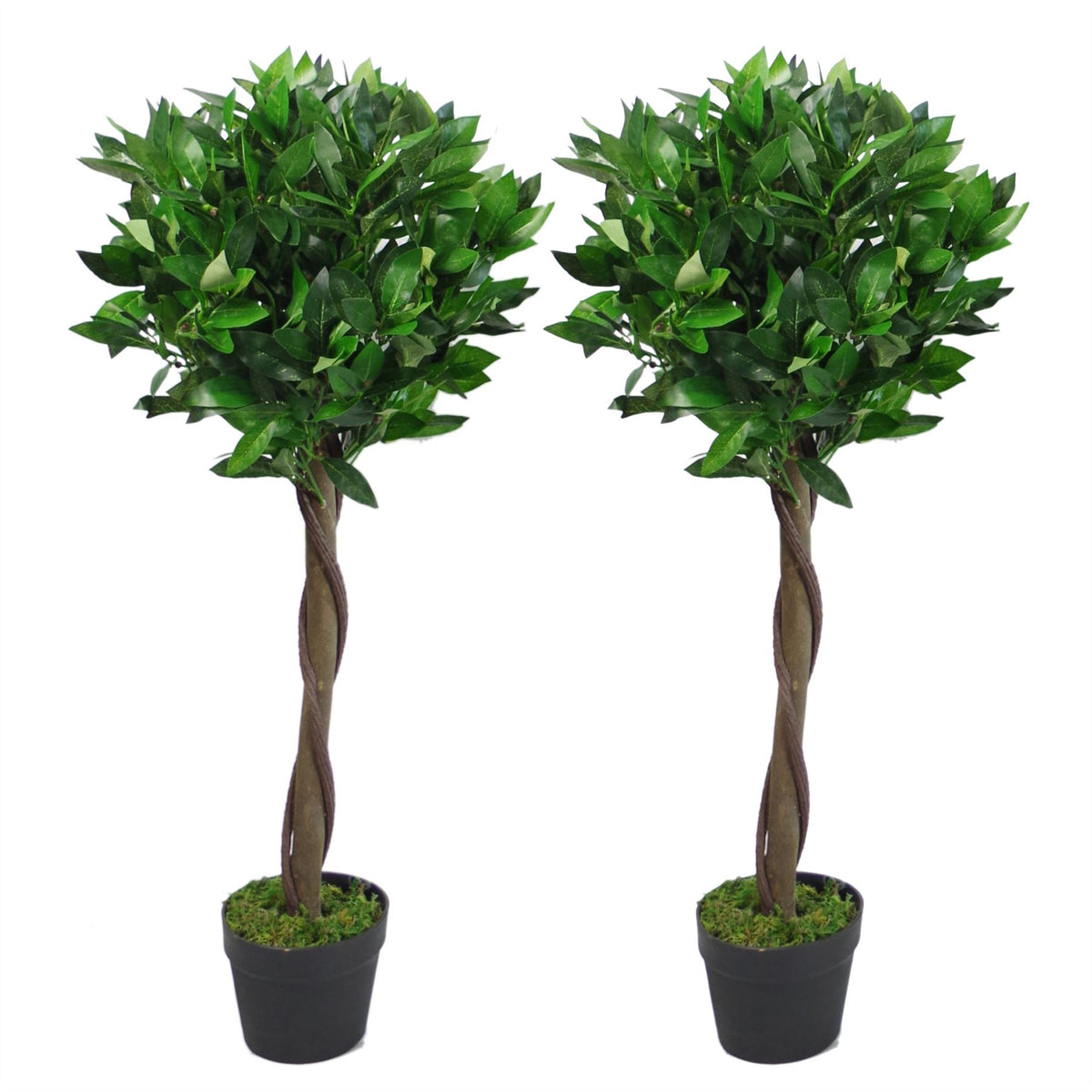 Pair of Leaf Design UK 90cm (3ft) Artificial Topiary Bay Laurel Ball Trees – Twisted Stem Entrance Plants