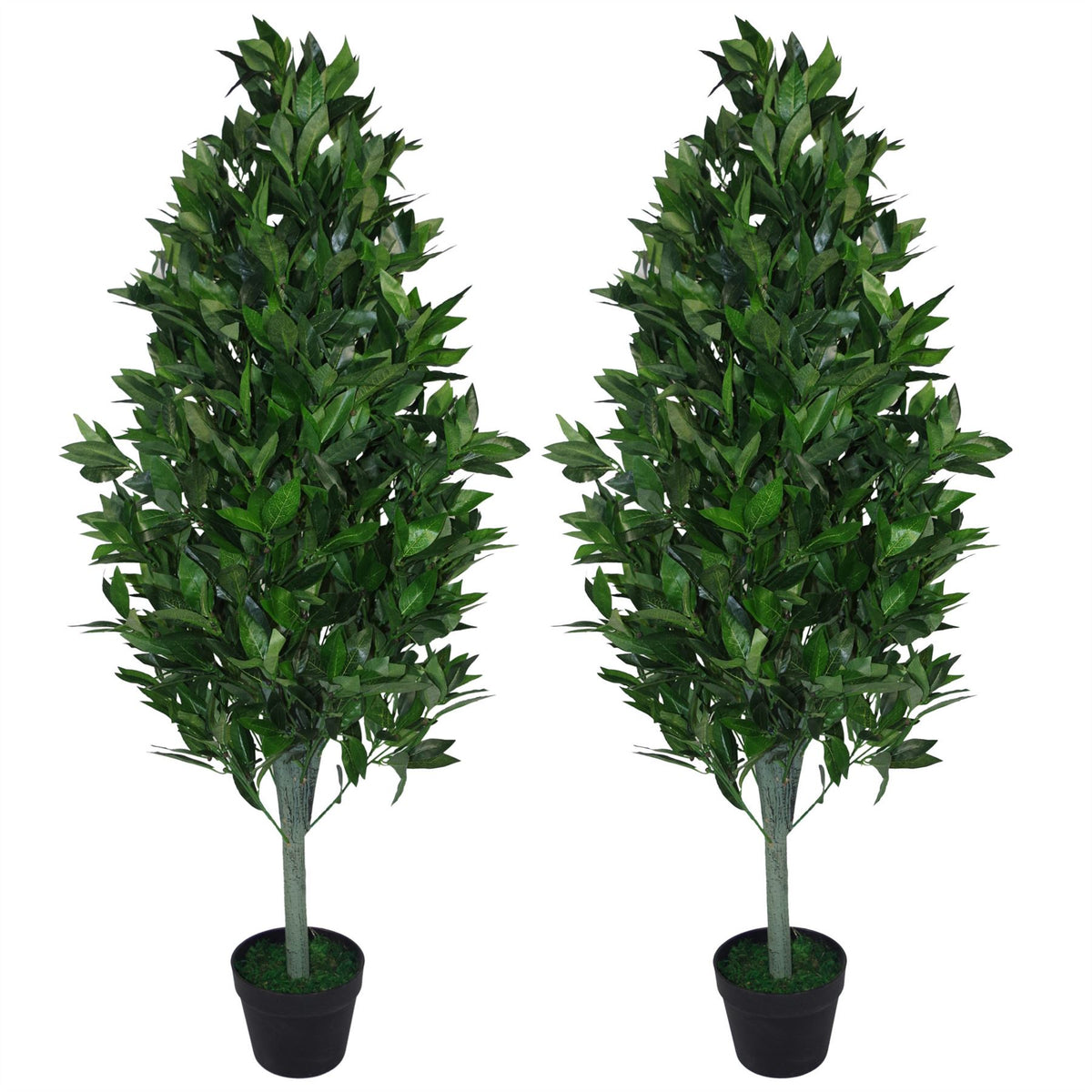 Leaf Pair of Artificial Topiary Bay Trees with Pyramid Cones, 120cm – Extra Large Entrance Plants