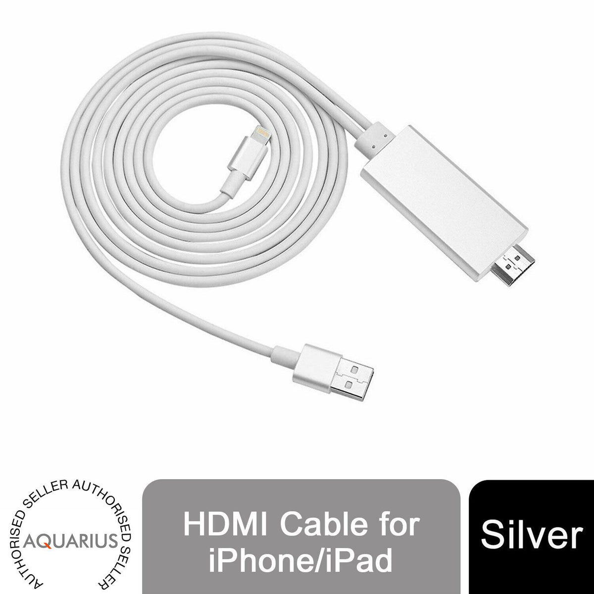 Aquarius Full HD HDMI Adapter Cable for 8-Pin Phones & Pads – 1080p Mirroring to TV or Projector, Silver